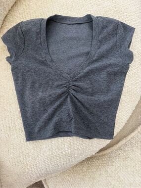 NWOT Bombshell Sportswear Charcoal Heather Ruched V‑Neck Crop Top